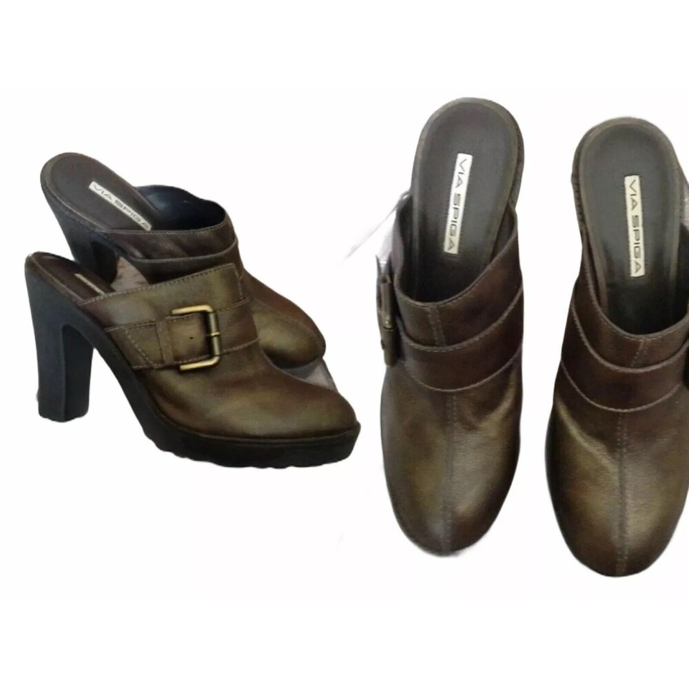 Via Spiga High Heel Mules Bronze Leather Size 10 M Slip On Thick Heels